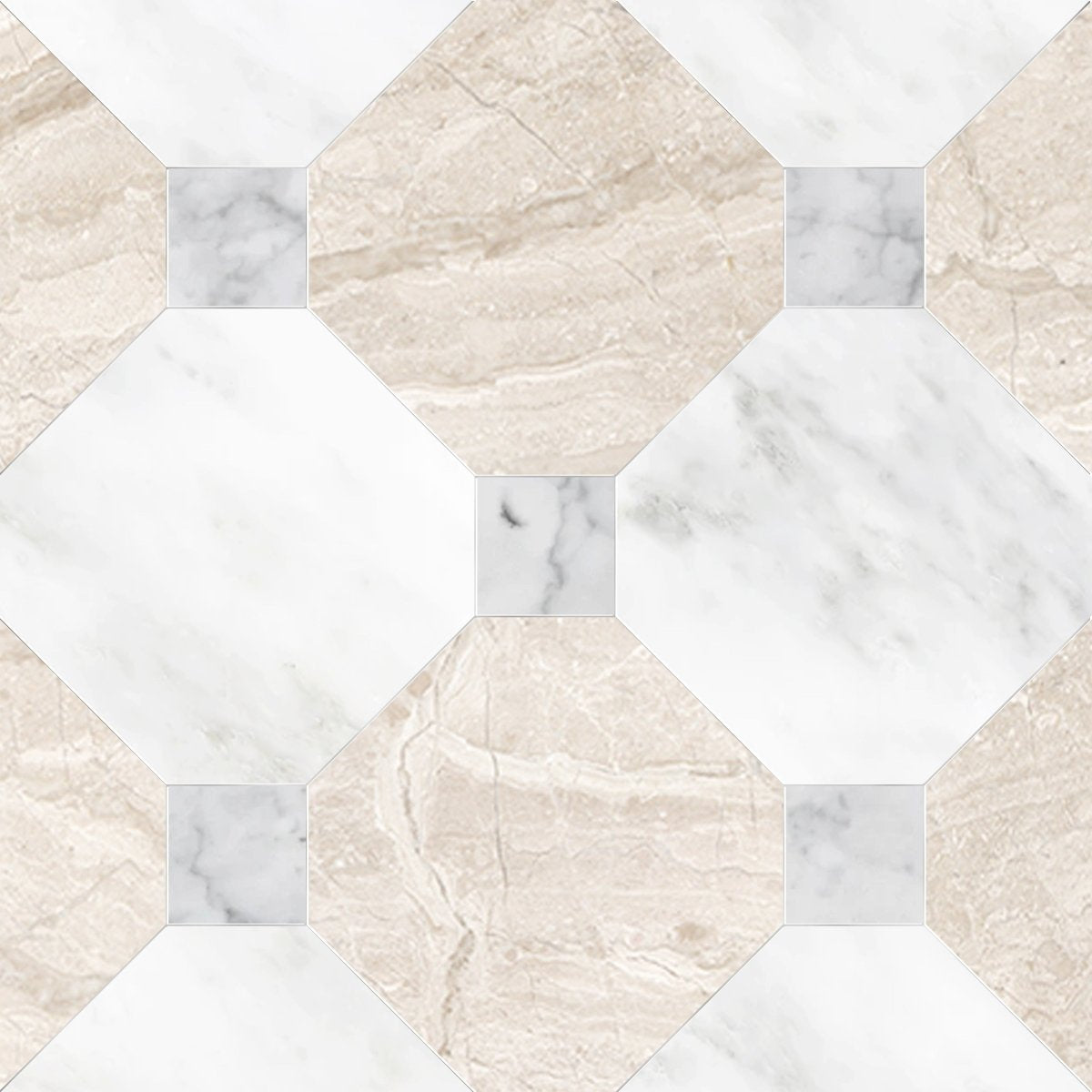 Octagon 12" Asian White & Diano Royale w/ Carrara Dot Checkerboard Tile