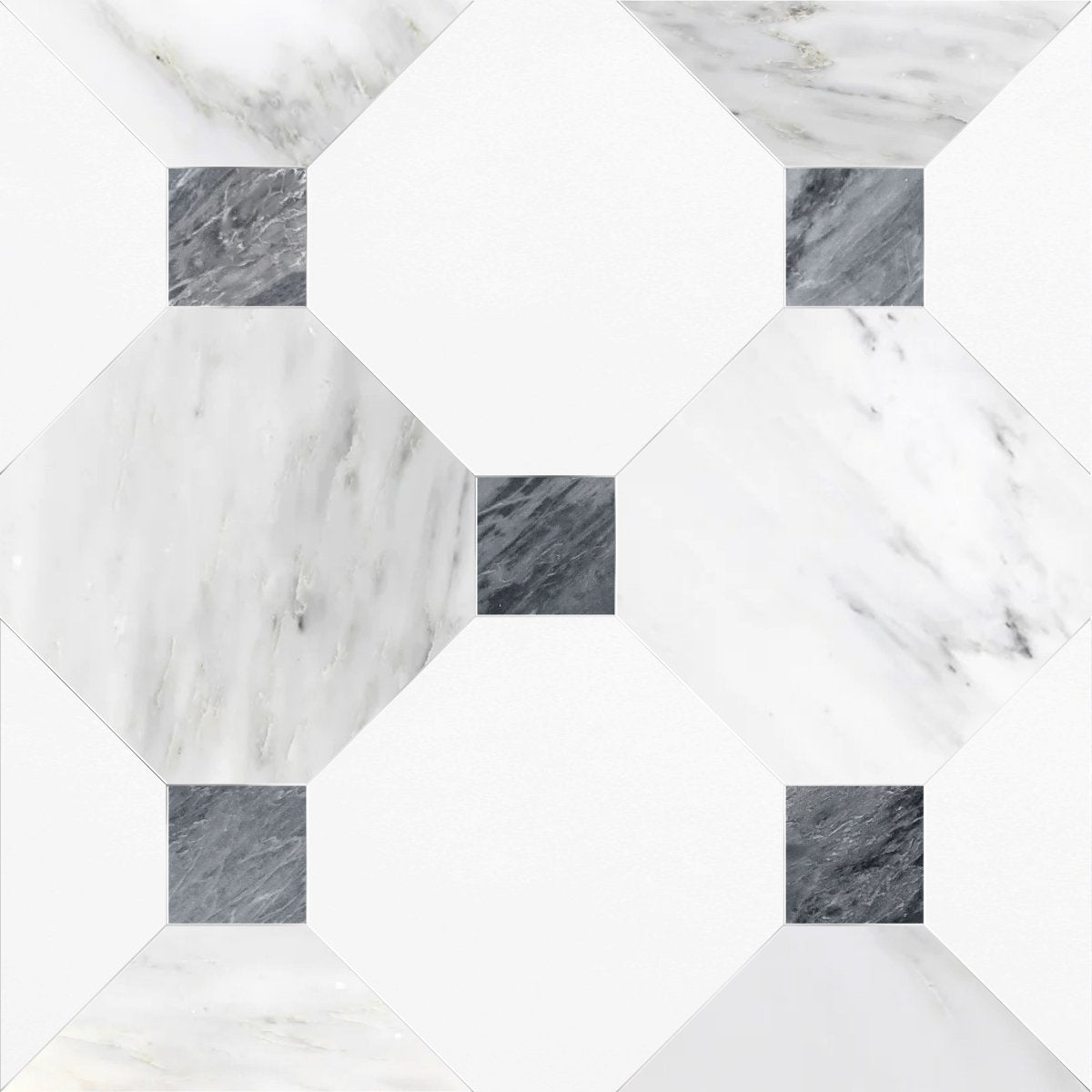Octagon 12" Asian White & Thassos w/ Bardiglio Dot Checkerboard Tile