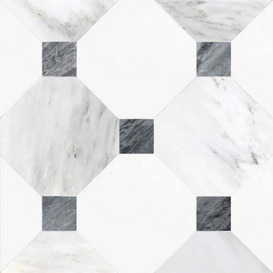 Octagon 12" Asian White & Thassos w/ Bardiglio Dot Checkerboard Tile