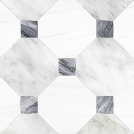 Octagon 12" Asian White and Dolomite w/ Bardiglio Dot Checker Tile
