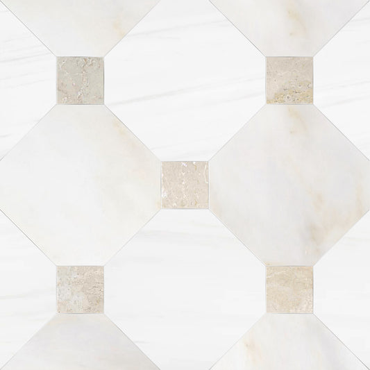 Octagon 12" Calacatta Onciatta and Dolomite w/ Botticino Dot Mosaic