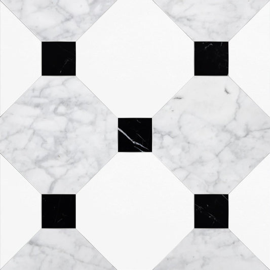 Octagon 12" Carrara and Thassos w/ Nero Marquina Dot Checkerboard Tile