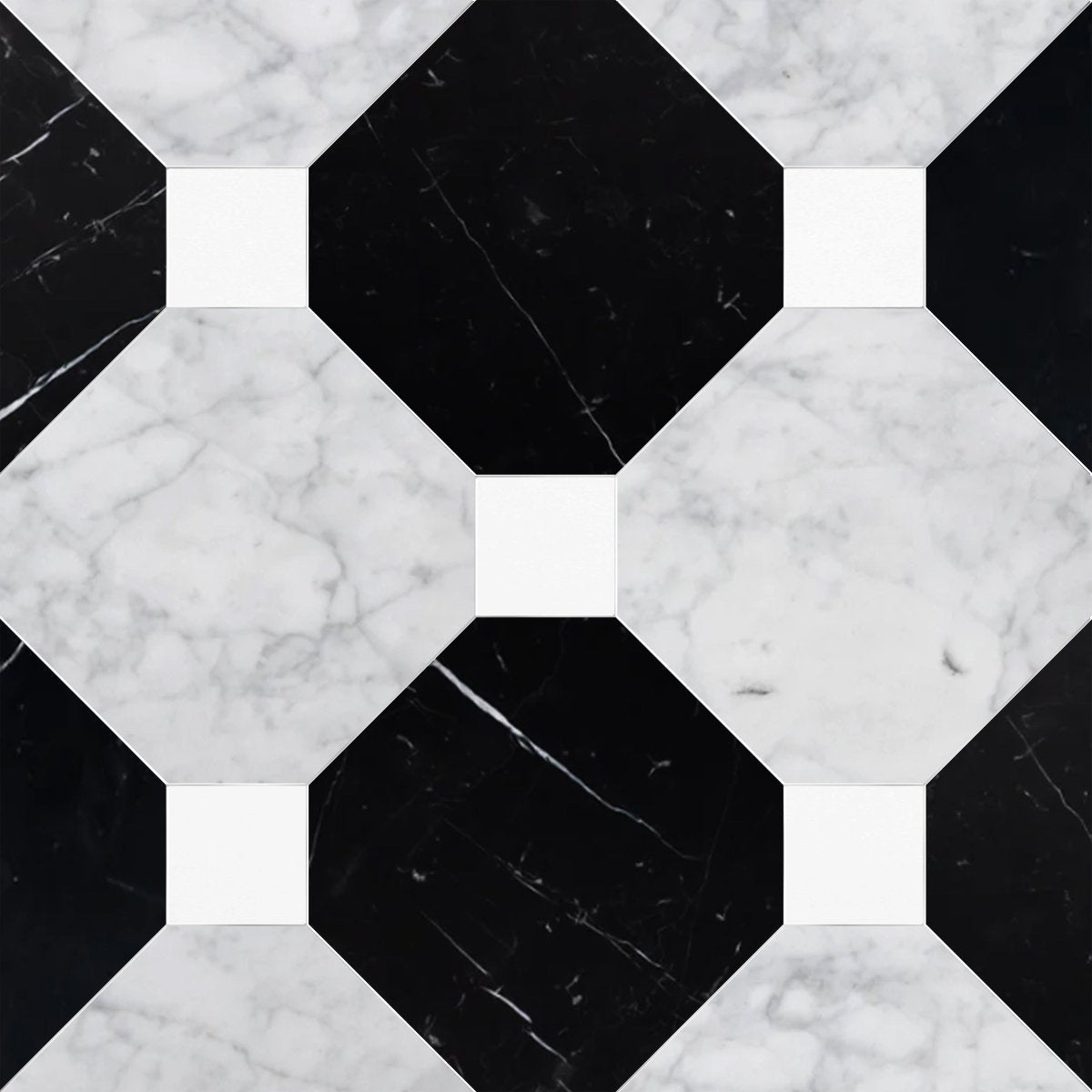 Octagon 12'' Nero Marquina & Carrara w/ Thassos Dot Checker Tile