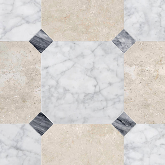 Octagon 18" Carrara & Botticino w/ Bardiglio Dot Checker Waterjet Tile