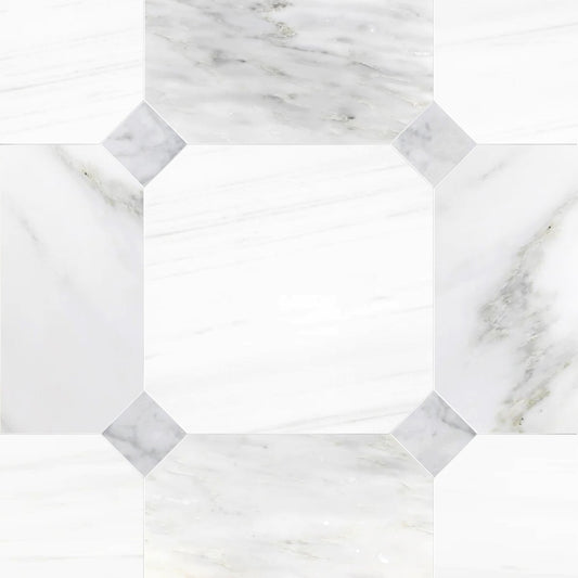 Octagon 18'' Dolomite & Asian White w/ Carrara Dot Checker Waterjet Tile