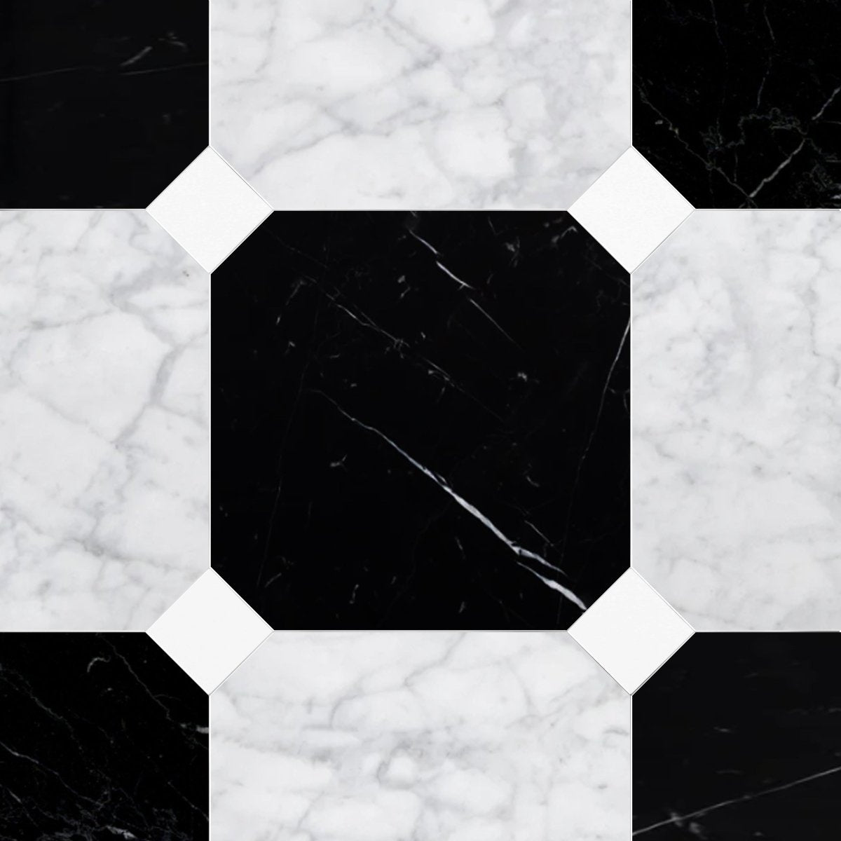 Octagon 18" Nero Marquina & Carrara w/ Thassos Dot Checker Waterjet Tile