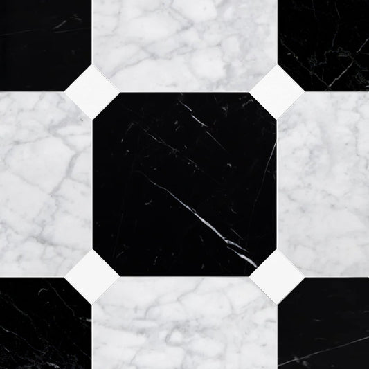 Octagon 18" Nero Marquina & Carrara w/ Thassos Dot Checker Waterjet Tile