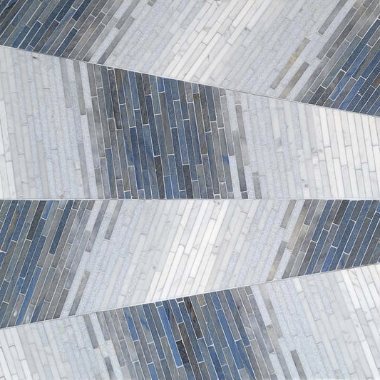 Ombre Marquet Ocean trapezoid linear stone mosaic with white marble, blue marble, and grey marble geometric pattern tile sheet