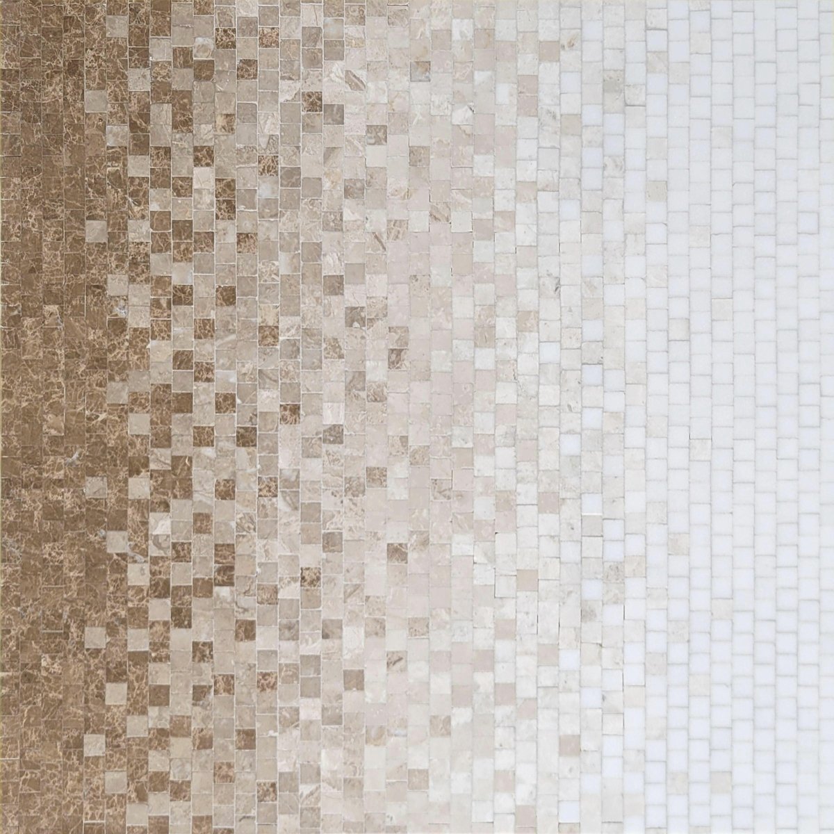 Mosaic pattern of small square tiles in brown, beige, and white.