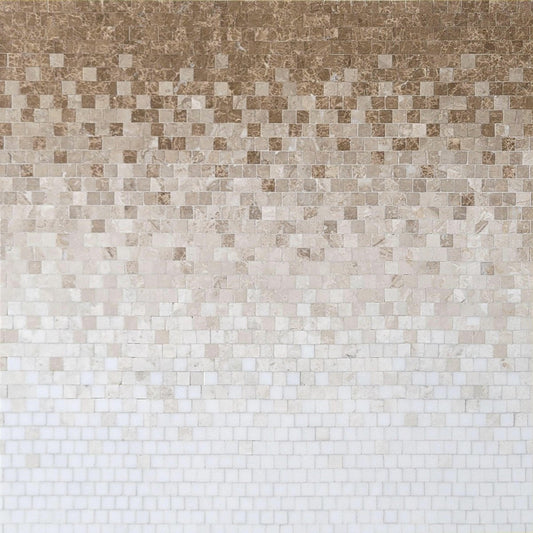 Mosaic pattern of small square tiles in brown, beige, and white.