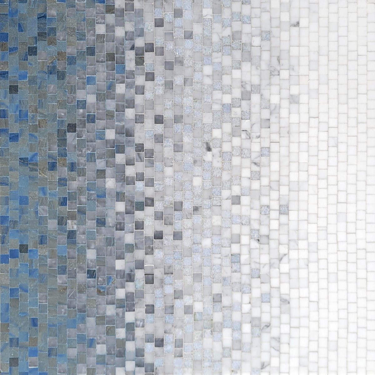 Mosaic pattern of small square tiles in various shades of blue and gray.