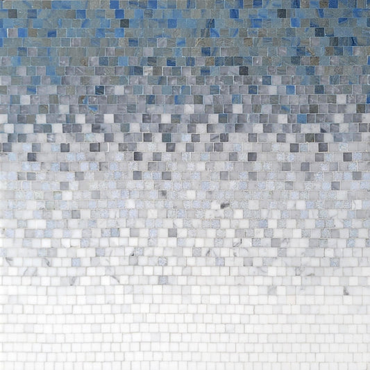 Mosaic pattern of small square tiles in various shades of blue and gray.