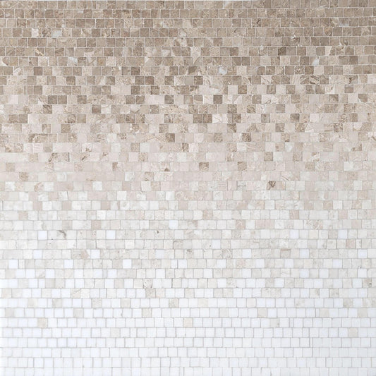 Mosaic tile pattern in beige and white on a white background