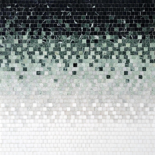 Mosaic tile pattern in black, green, and white on a white background