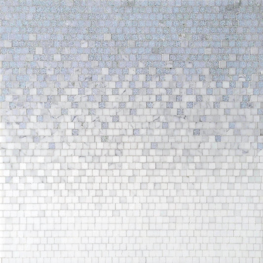 Mosaic pattern of small square tiles in various shades of gray and white.