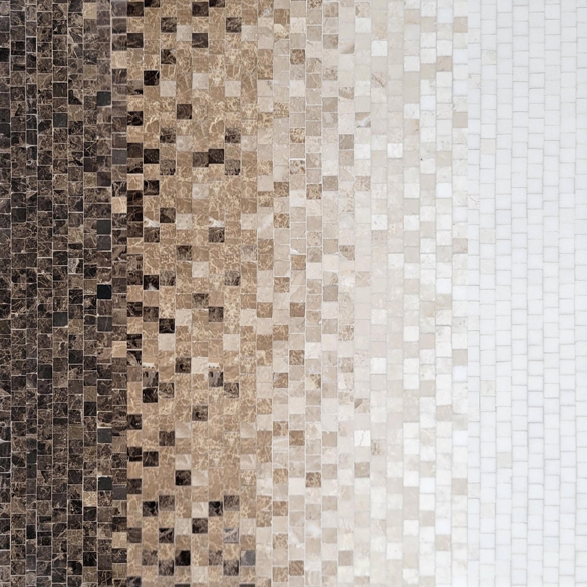 Three different patterns of square tiles in brown, beige, and white.