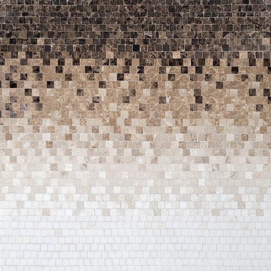 Three different patterns of square tiles in brown, beige, and white.
