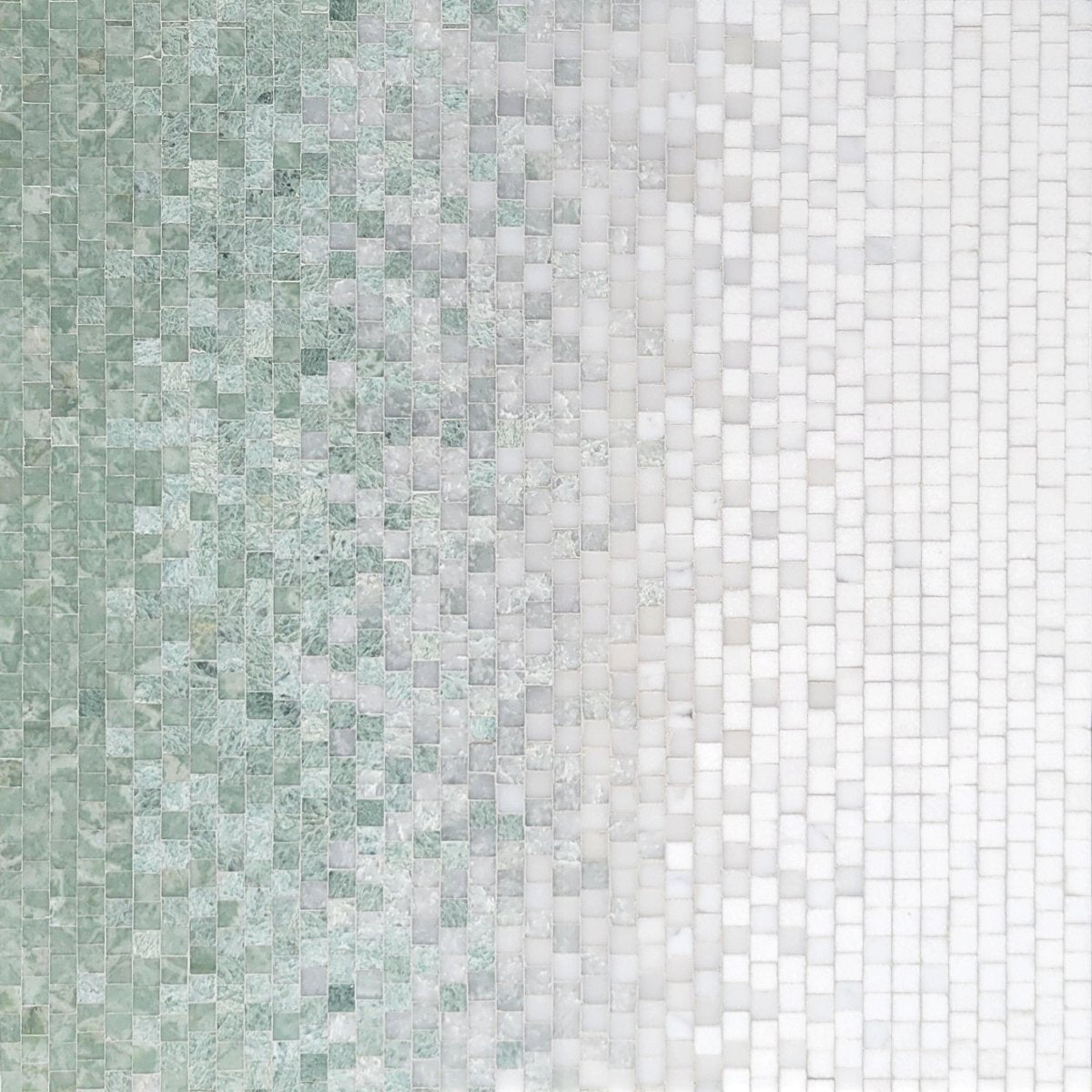 Mosaic pattern of small square tiles in green and gray on a white background