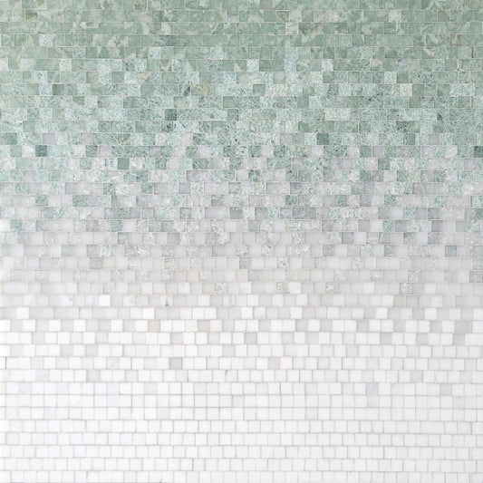 Mosaic pattern of small square tiles in green and gray on a white background