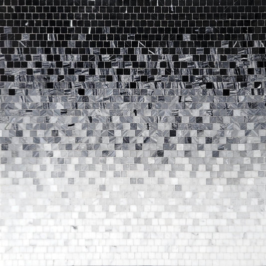 Mosaic tile pattern in black, gray, and white.