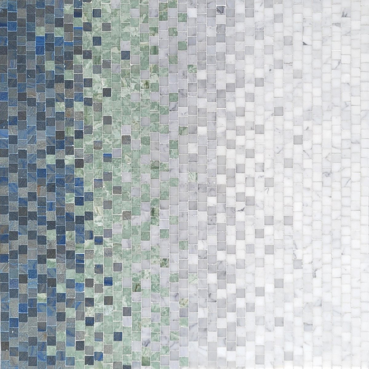 Mosaic pattern of small square tiles in blue, green, and gray on a white background