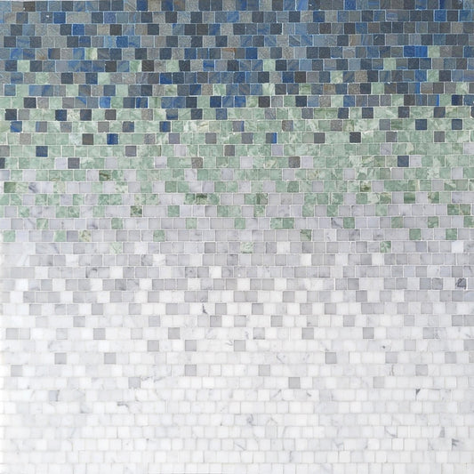 Mosaic pattern of small square tiles in blue, green, and gray on a white background