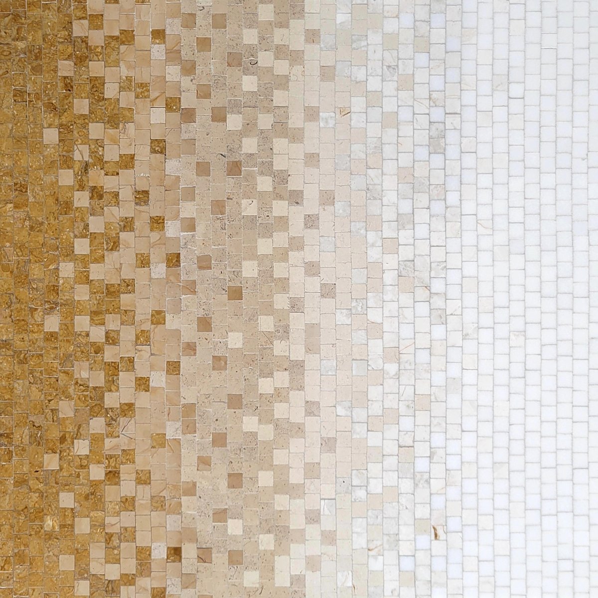 Three different patterns of mosaic tiles in brown, beige, and white.