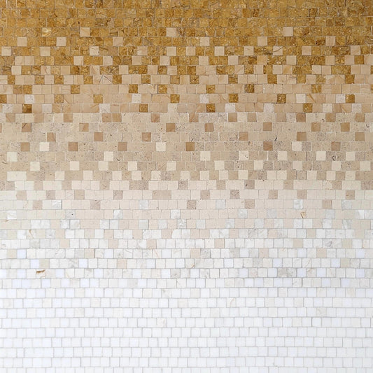 Three different patterns of mosaic tiles in brown, beige, and white.
