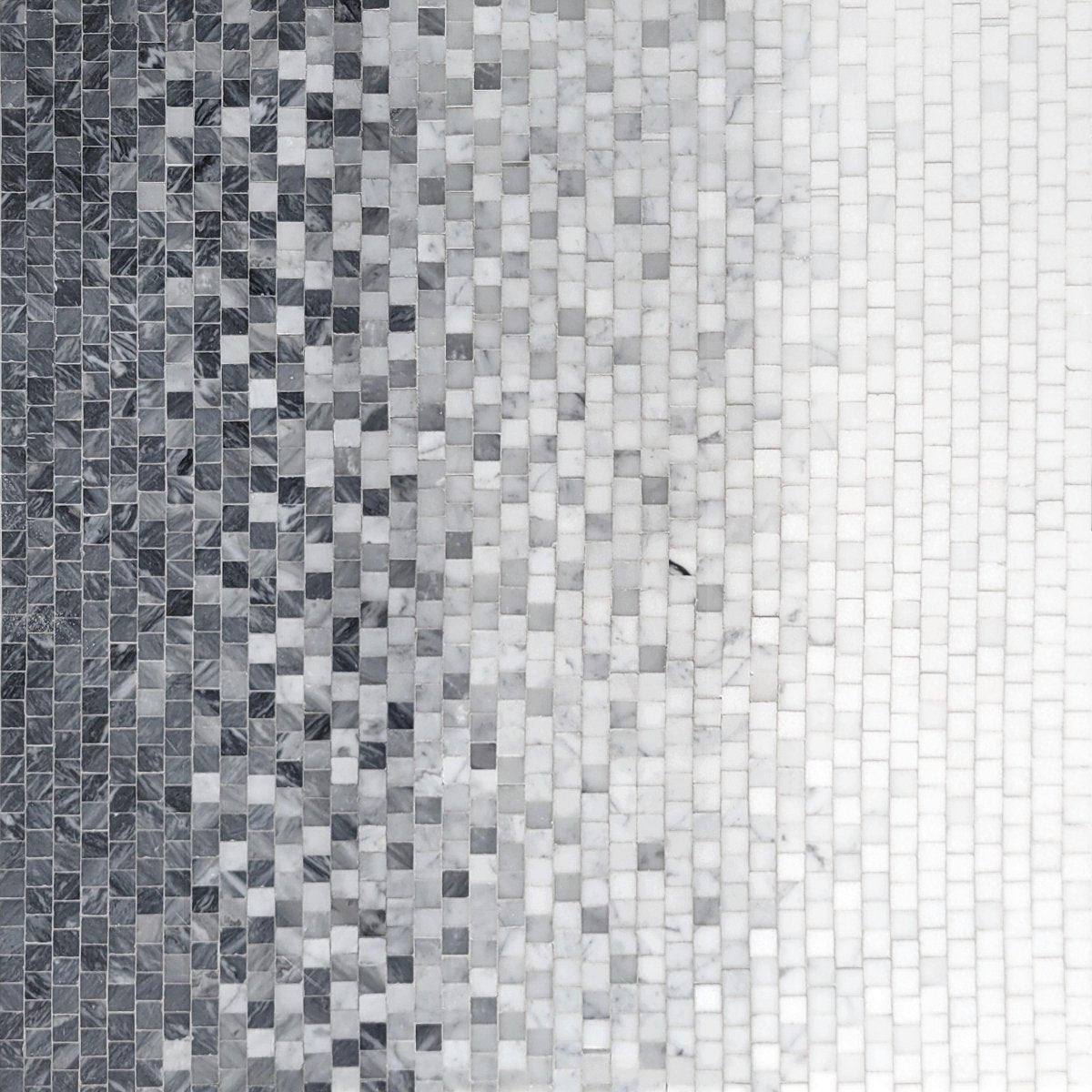 Mosaic pattern of small square tiles in gray and white on a white background