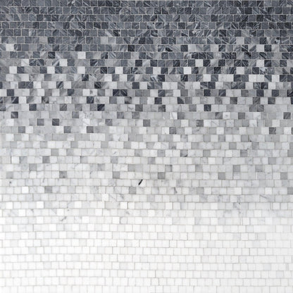 Mosaic pattern of small square tiles in gray and white on a white background