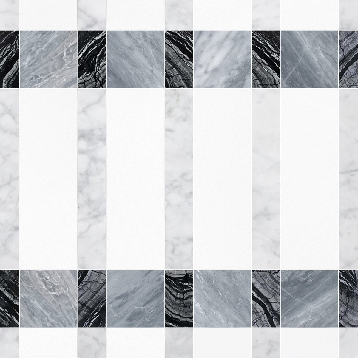 Checkered pattern of black, white, and gray marble tiles.