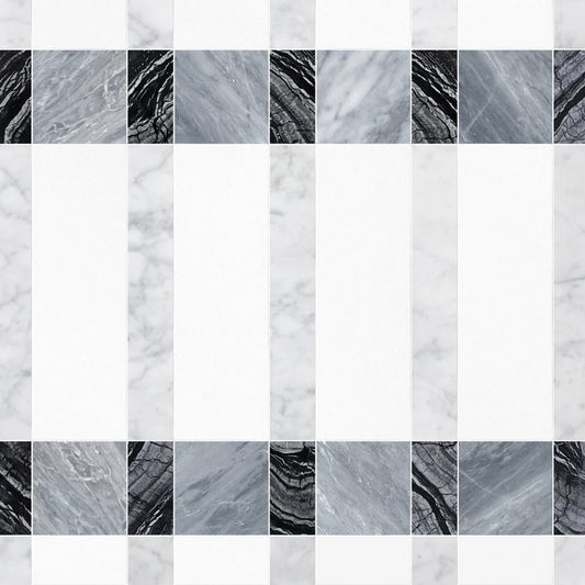 Checkered pattern of black, white, and gray marble tiles.
