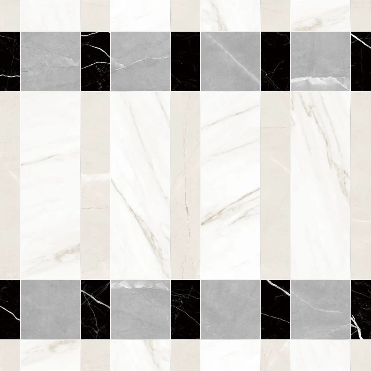 Pattern of black, white, and gray marbled tiles.