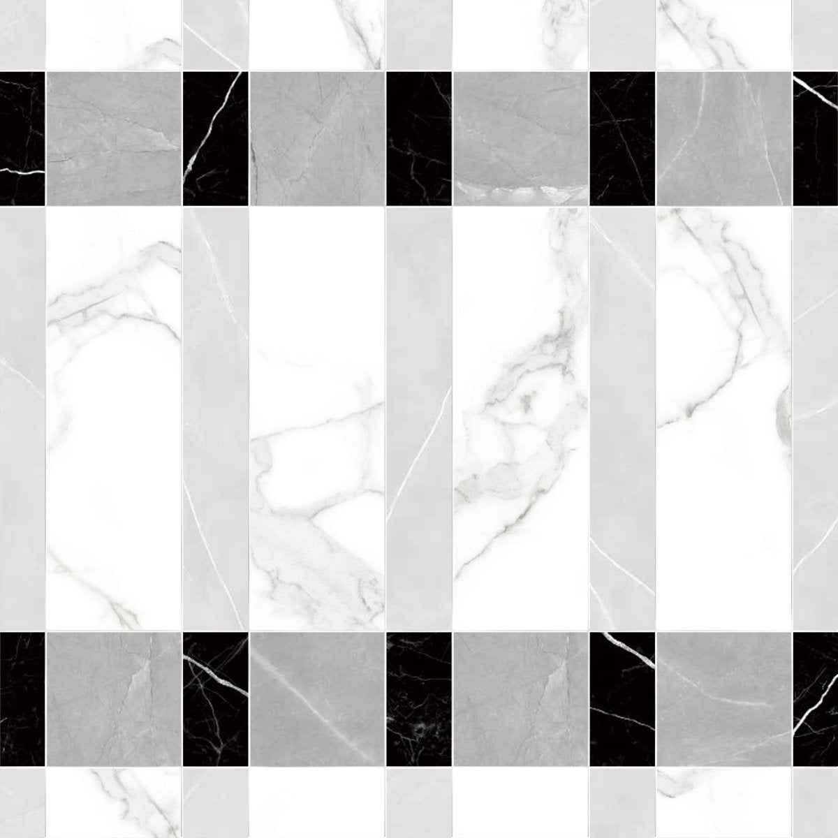Checkered pattern of black, white, and gray marble tiles.