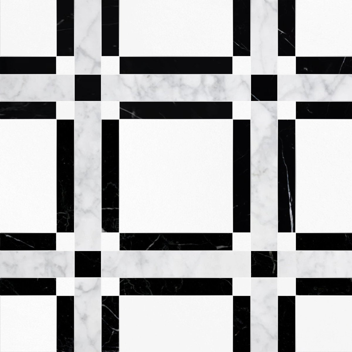 Black and white geometric pattern on a marble background