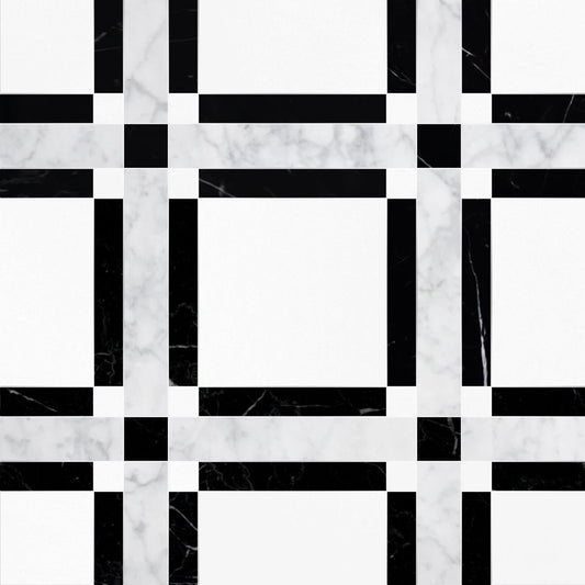Black and white geometric pattern on a marble background