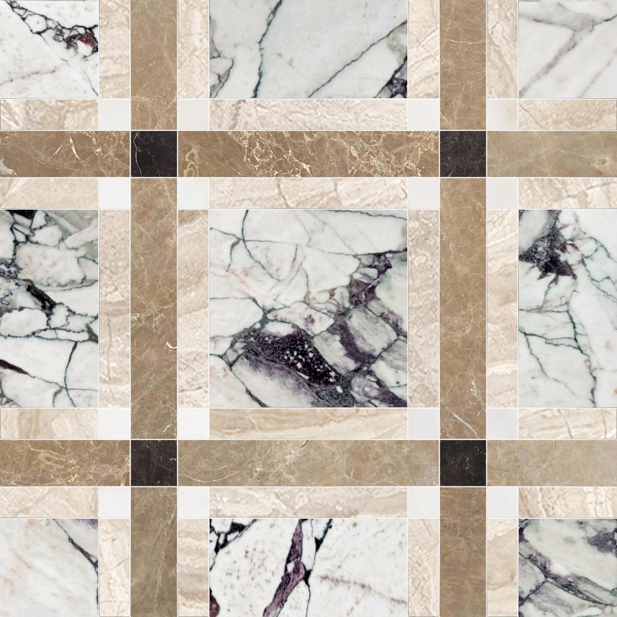 Pattern of square tiles with marble-like textures in beige, brown, and white.