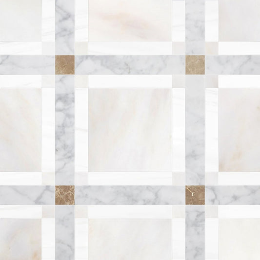 Mosaic pattern of square tiles in various neutral colors on a white background