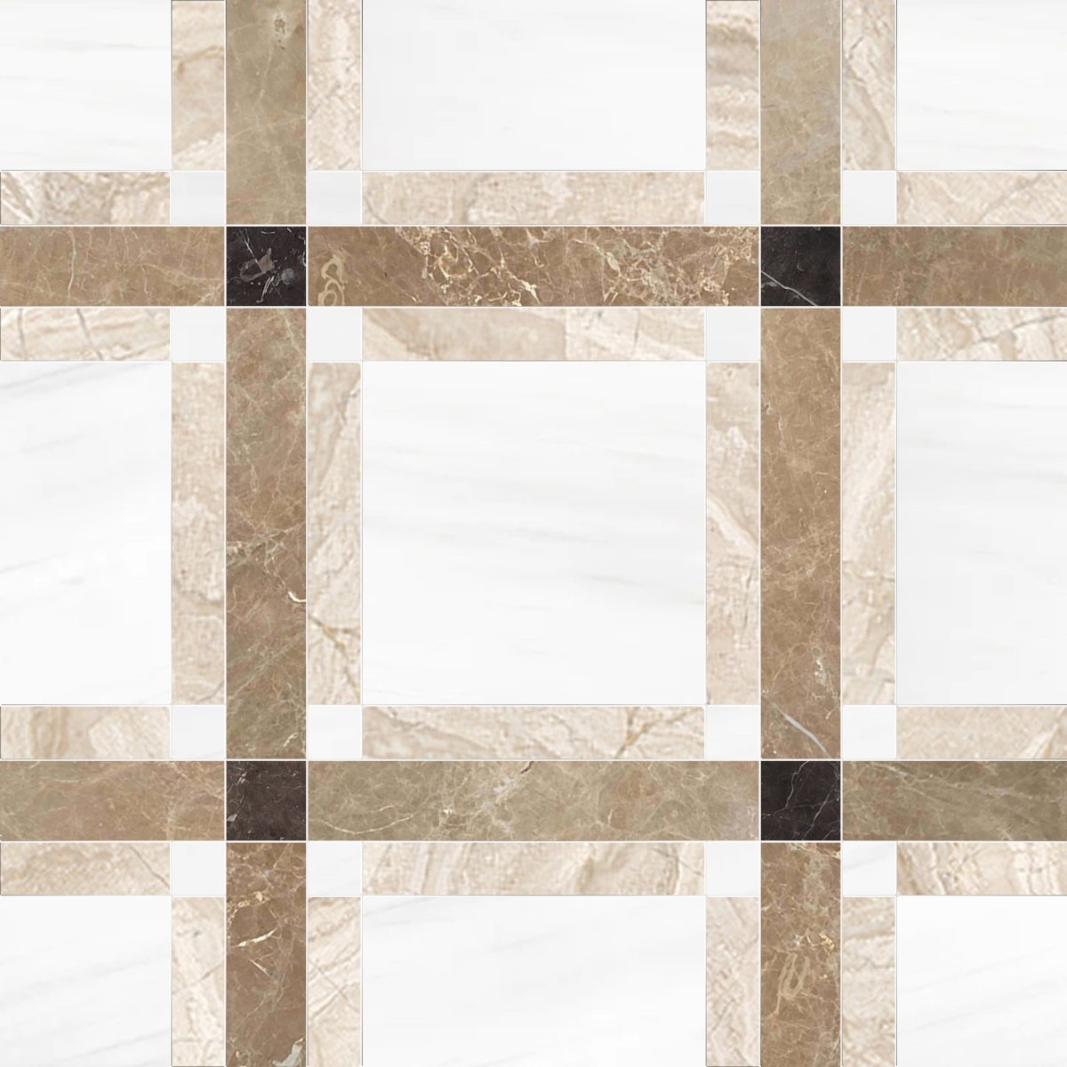 Checkered pattern of brown, beige, and white tiles on a white background