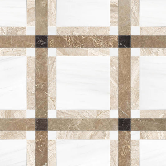 Checkered pattern of brown, beige, and white tiles on a white background
