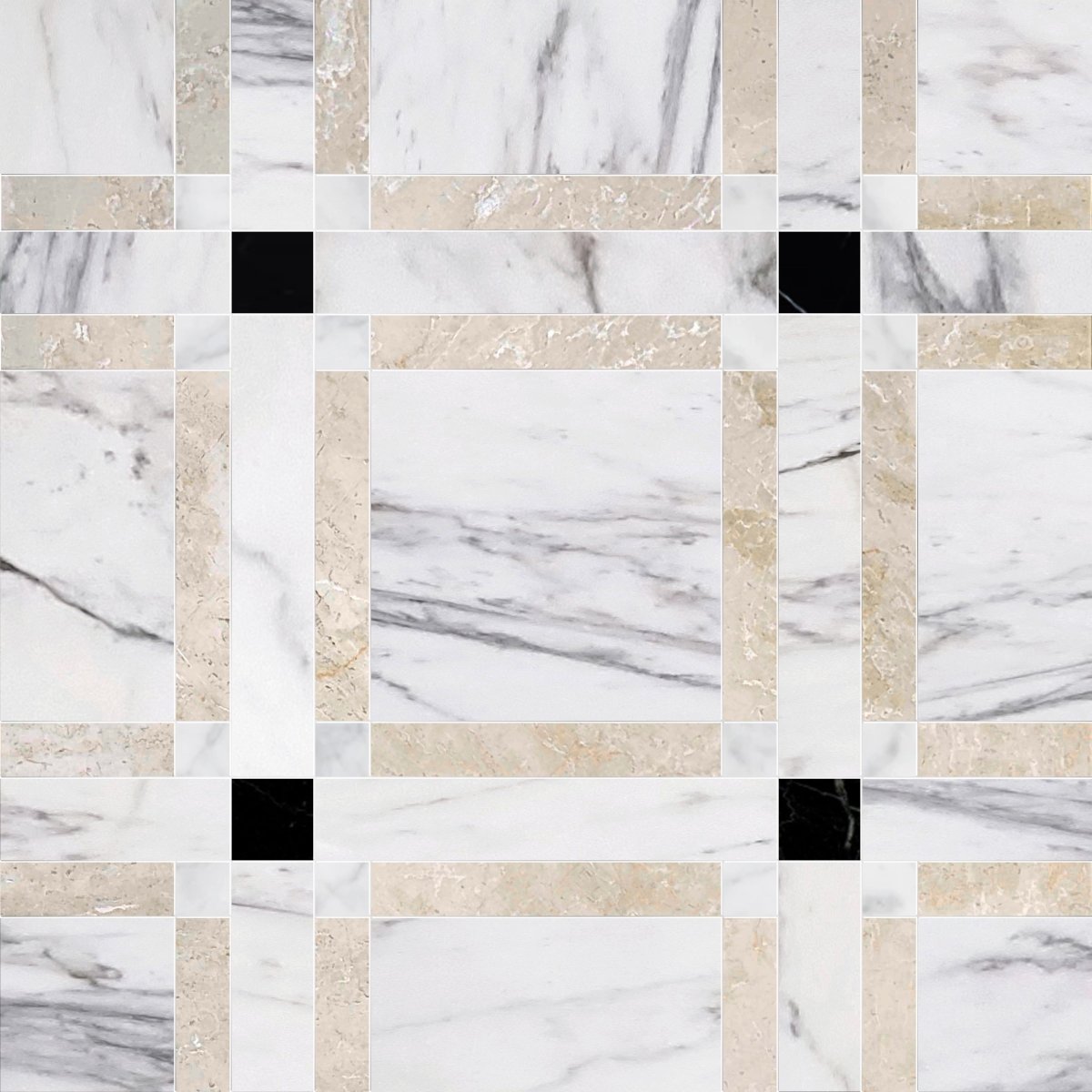 Checkered pattern of marble tiles with black, beige, and white squares.