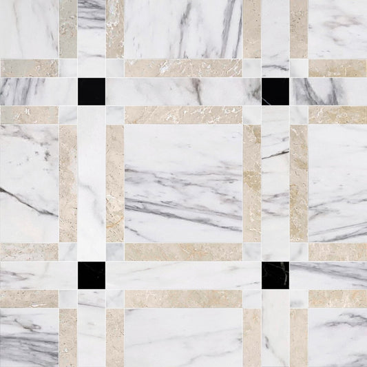 Checkered pattern of marble tiles with black, beige, and white squares.