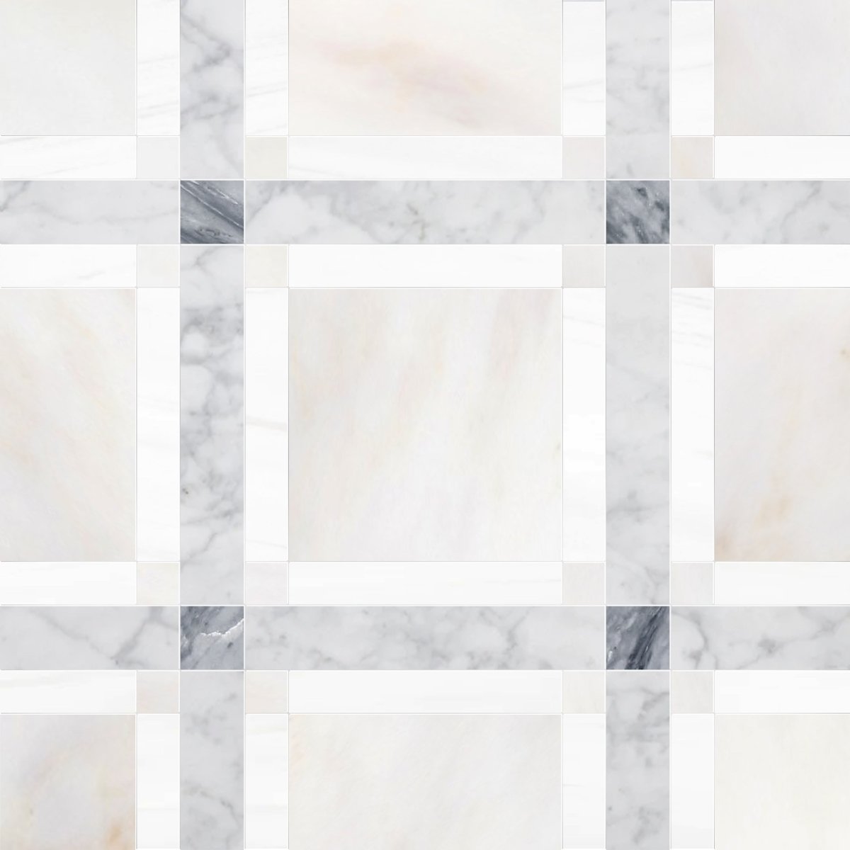 Mosaic pattern of square tiles in various shades of gray and white.