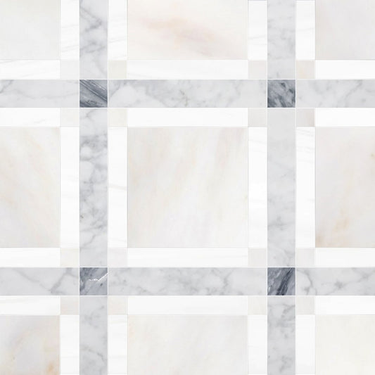 Mosaic pattern of square tiles in various shades of gray and white.