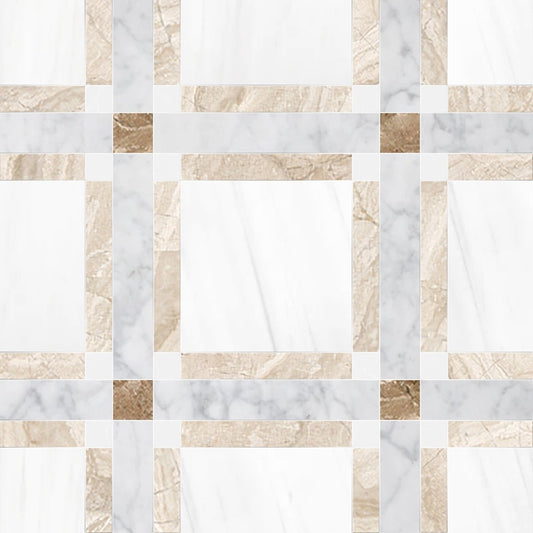 Checkered pattern of beige and white tiles