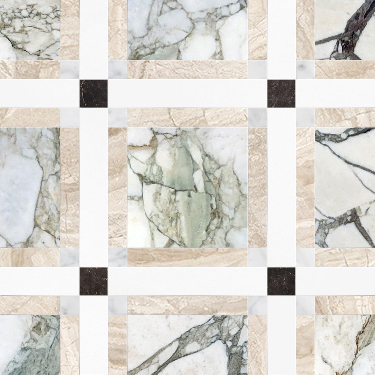 Pattern of marble tiles with a grid layout on a white background