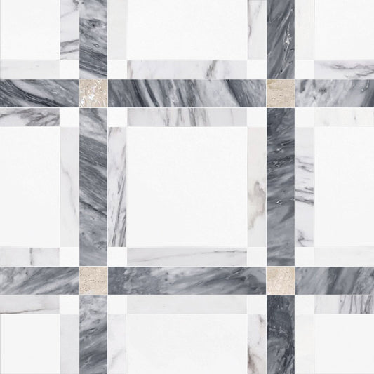 Checkered pattern of gray and white marble tiles