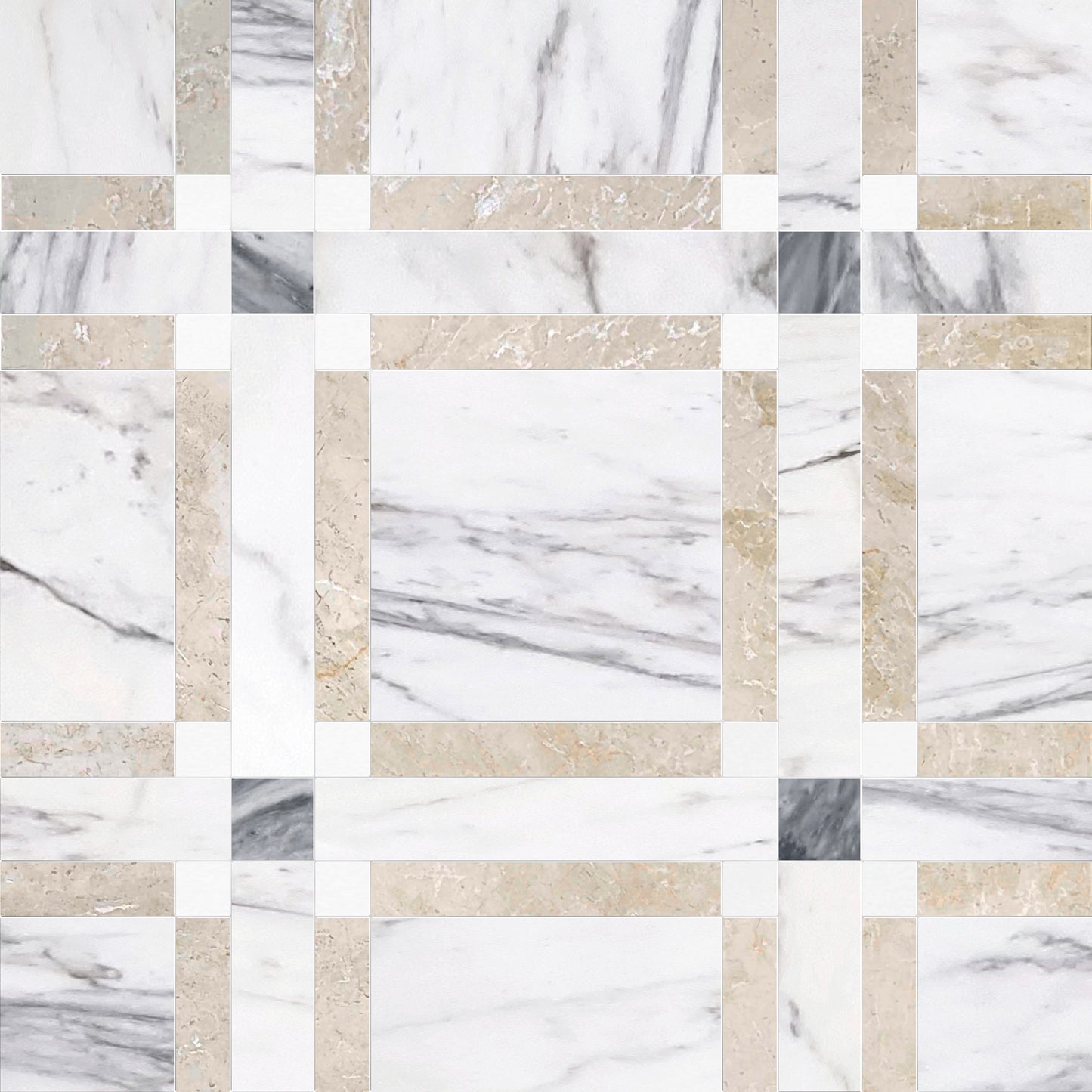 Checkered pattern of white and beige marble tiles