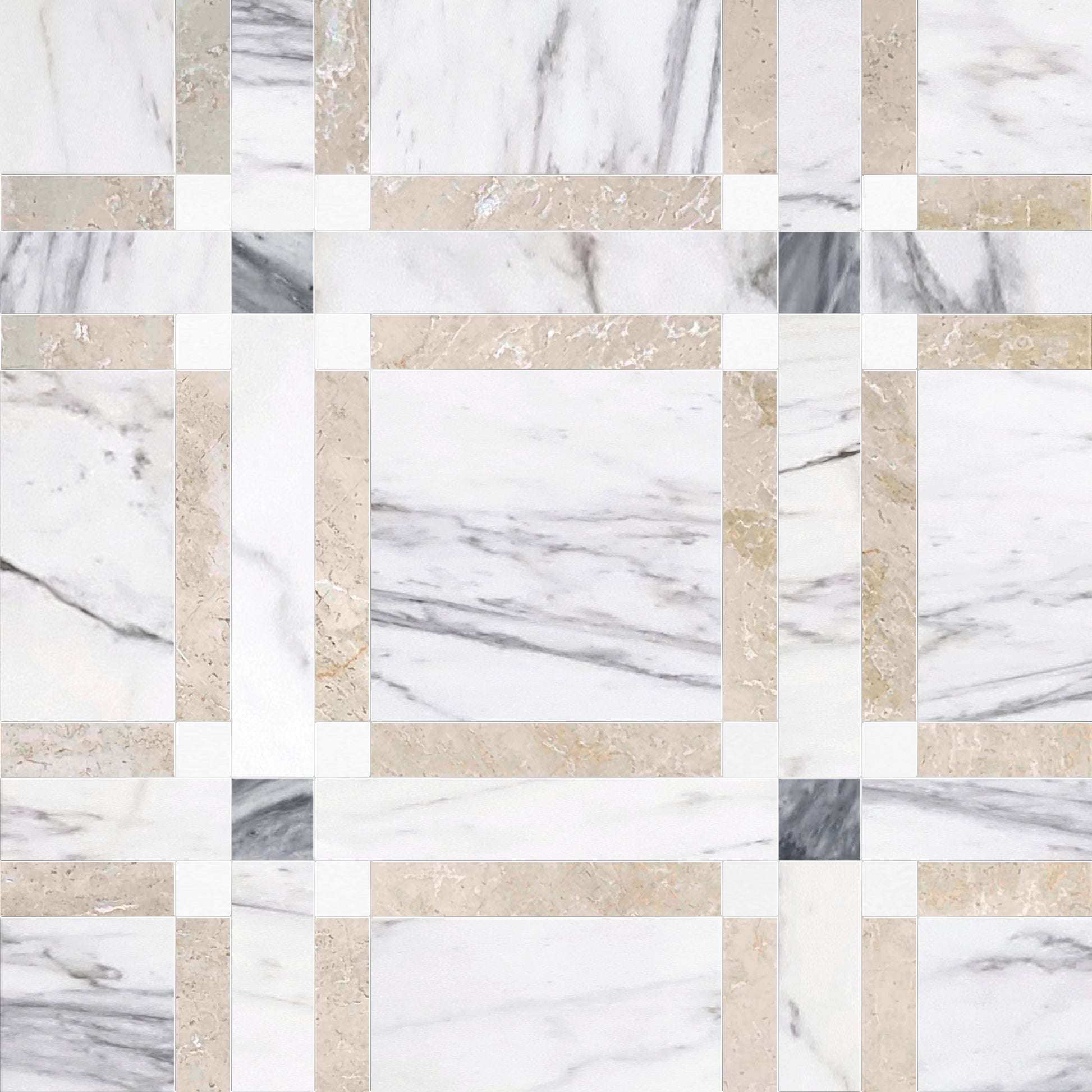 Checkered pattern of white and beige marble tiles