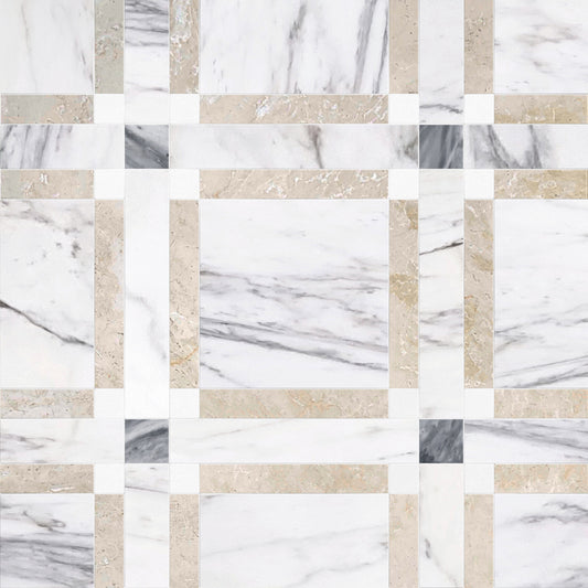 Checkered pattern of white and beige marble tiles